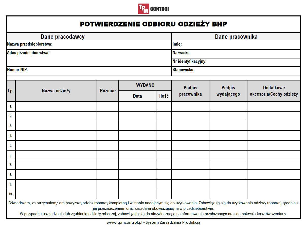 Odbiór odzieży BHP