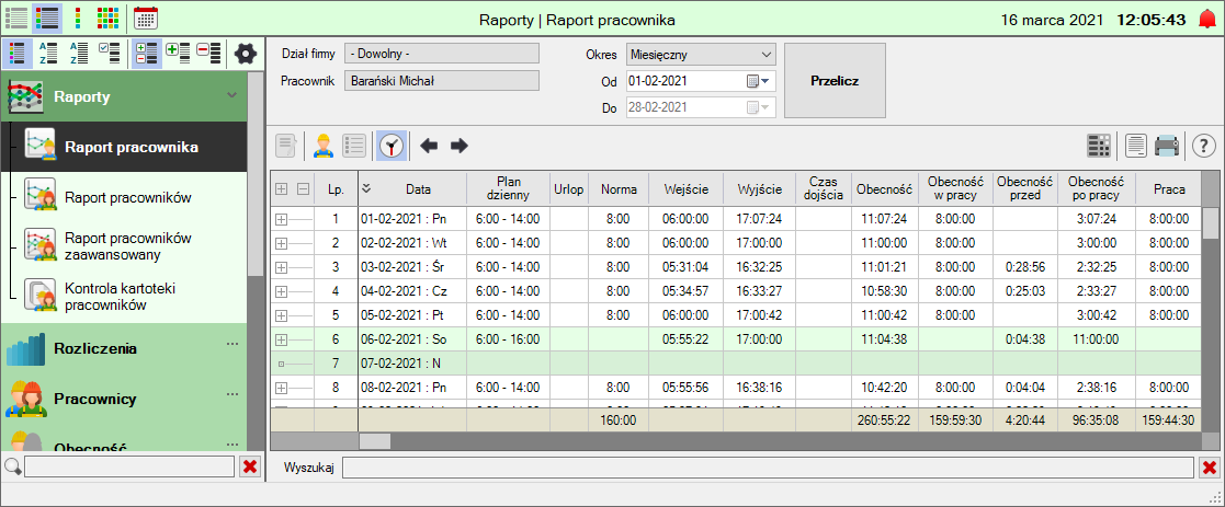 Zrzut ekranu z programu Worker naszego Systemu Rejestracji Czasu Pracy RCP - raport pracownika