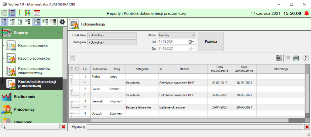 Zrzut ekranu z programu Worker naszego Systemu Rejestracji Czasu Pracy RCP
